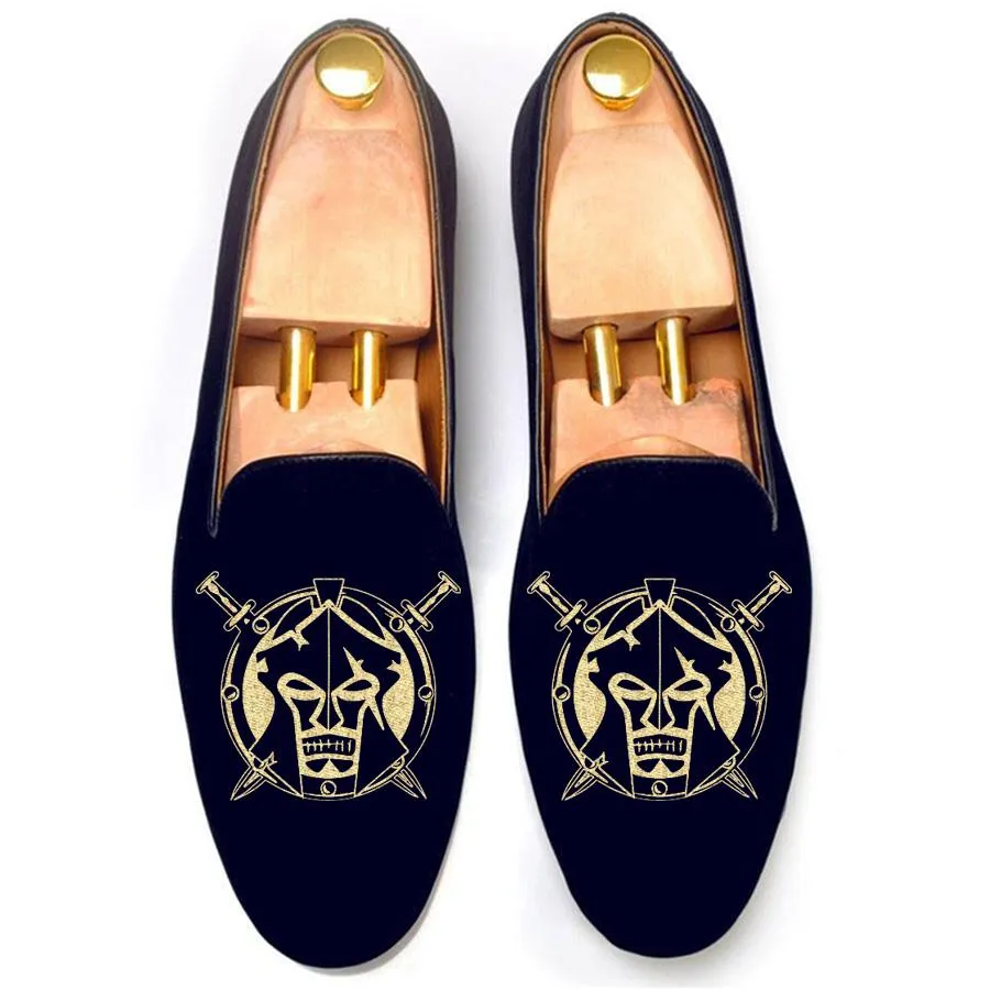 Flat Feet Shoes - Blue Velvet Spartan Shield Embroidered Loafers with Arch Support