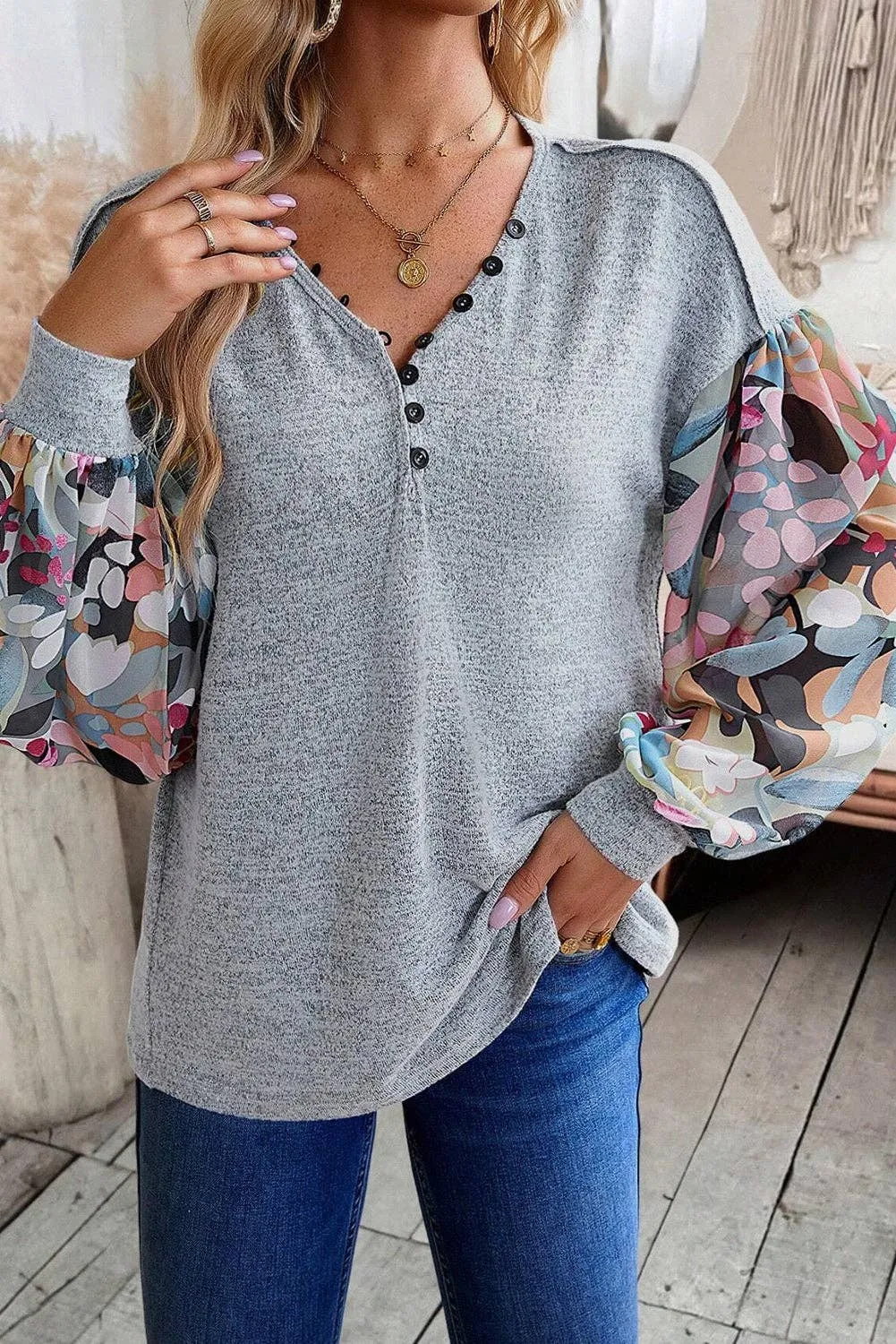 Gray Floral Lantern Sleeve Patchwork Buttoned V Neck Top: Gray / 65%Polyester 30%Viscose 5%Elastane / M