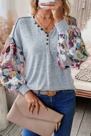 Gray Floral Lantern Sleeve Patchwork Buttoned V Neck Top: Gray / 65%Polyester 30%Viscose 5%Elastane / M