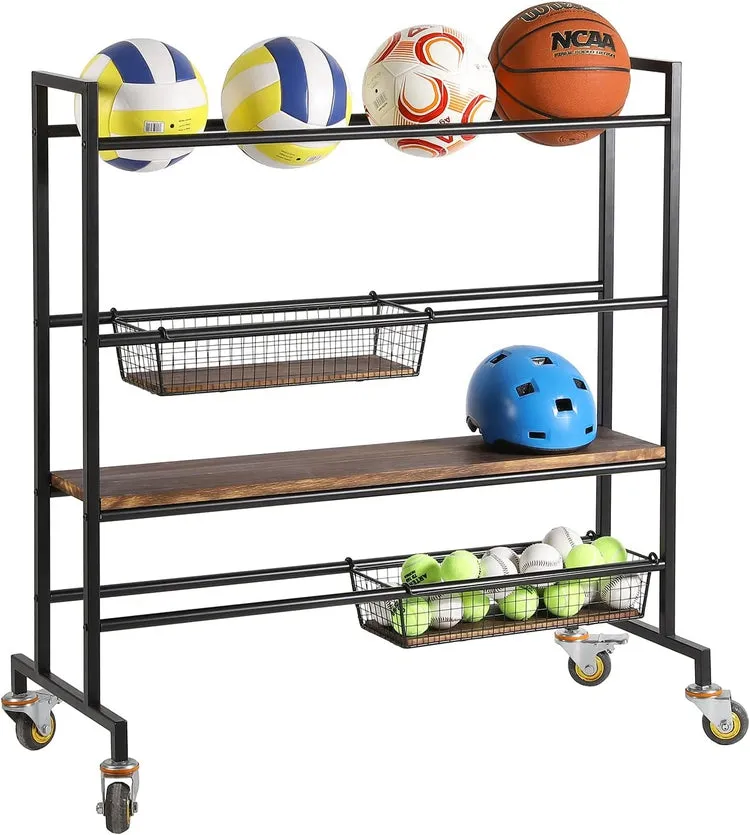 Heavy Duty Black Metal Sports Equipment Rolling Rack with Wood Shelves, Gym Ball Cart with Wire Storage Baskets