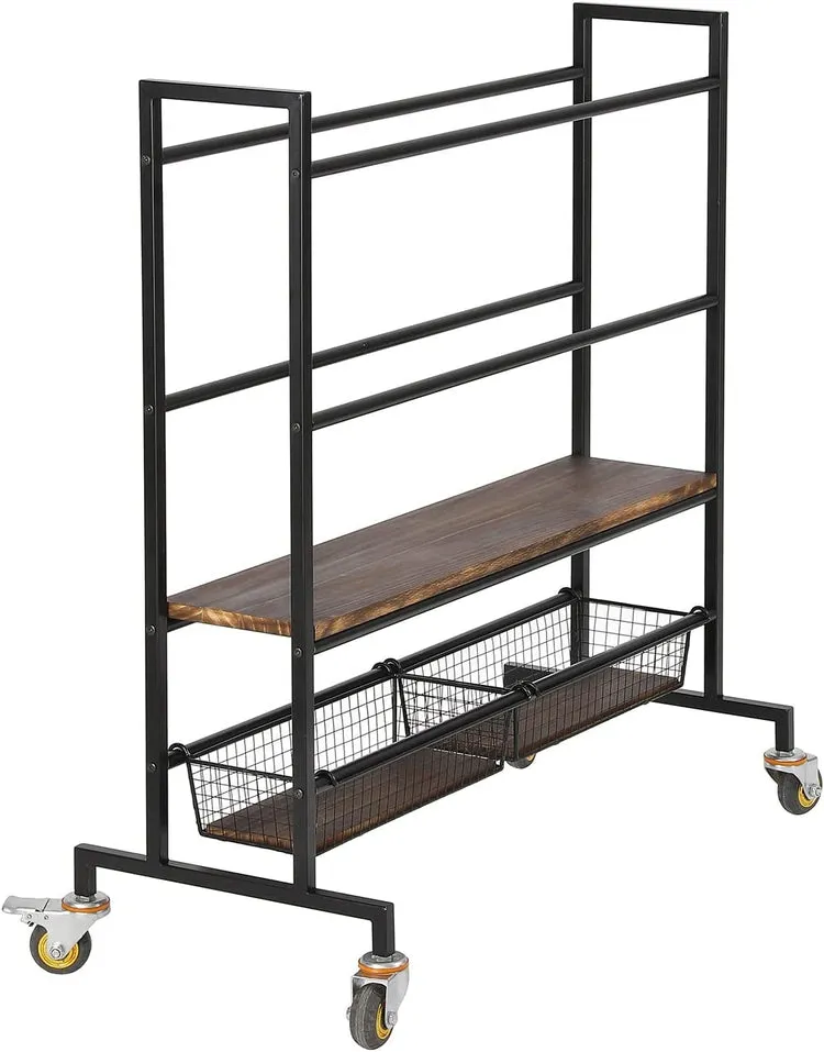 Heavy Duty Black Metal Sports Equipment Rolling Rack with Wood Shelves, Gym Ball Cart with Wire Storage Baskets