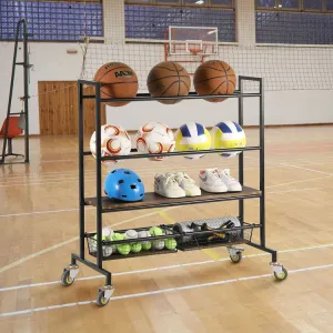 Heavy Duty Black Metal Sports Equipment Rolling Rack with Wood Shelves, Gym Ball Cart with Wire Storage Baskets