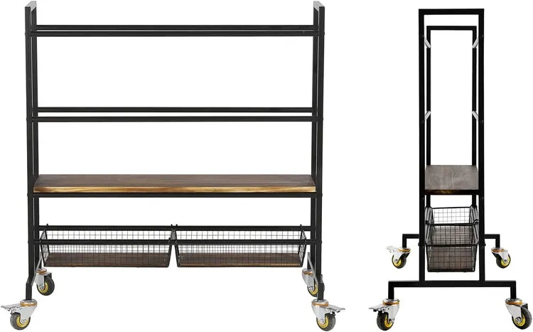 Heavy Duty Black Metal Sports Equipment Rolling Rack with Wood Shelves, Gym Ball Cart with Wire Storage Baskets