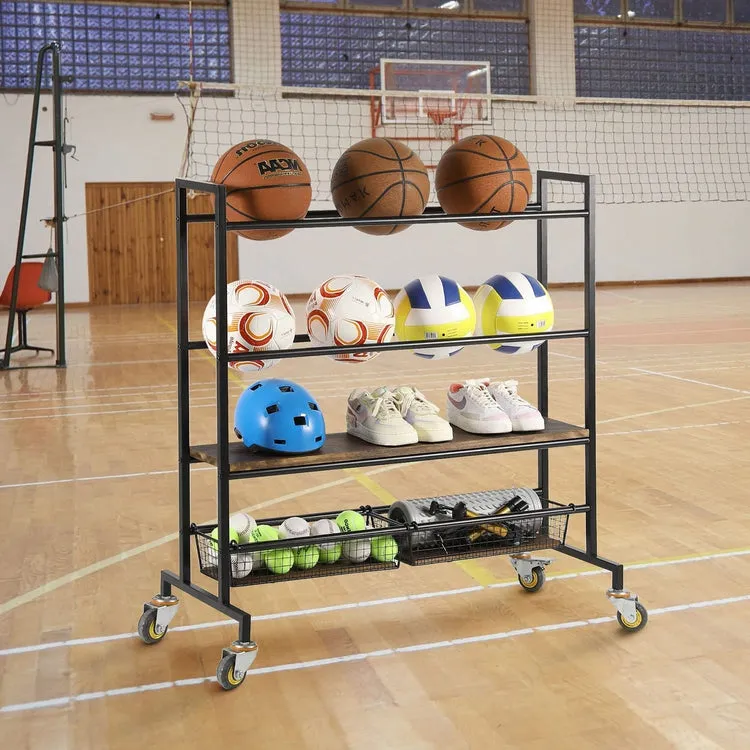 Heavy Duty Black Metal Sports Equipment Rolling Rack with Wood Shelves, Gym Ball Cart with Wire Storage Baskets