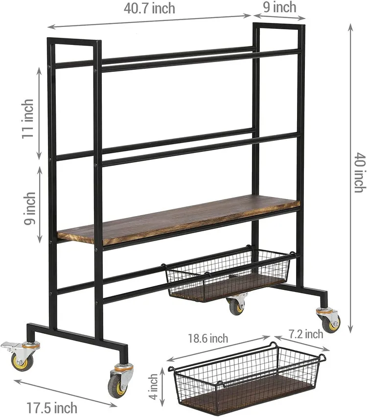 Heavy Duty Black Metal Sports Equipment Rolling Rack with Wood Shelves, Gym Ball Cart with Wire Storage Baskets