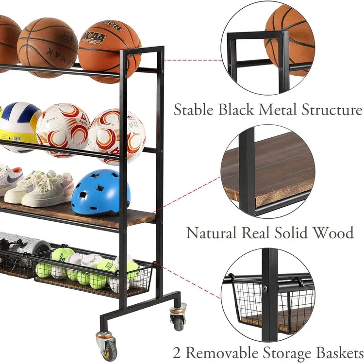 Heavy Duty Black Metal Sports Equipment Rolling Rack with Wood Shelves, Gym Ball Cart with Wire Storage Baskets