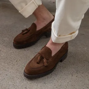 Height Increasing Brown Suede Leather Belize Chunky Tassel Loafers - With Track Soles - AW24
