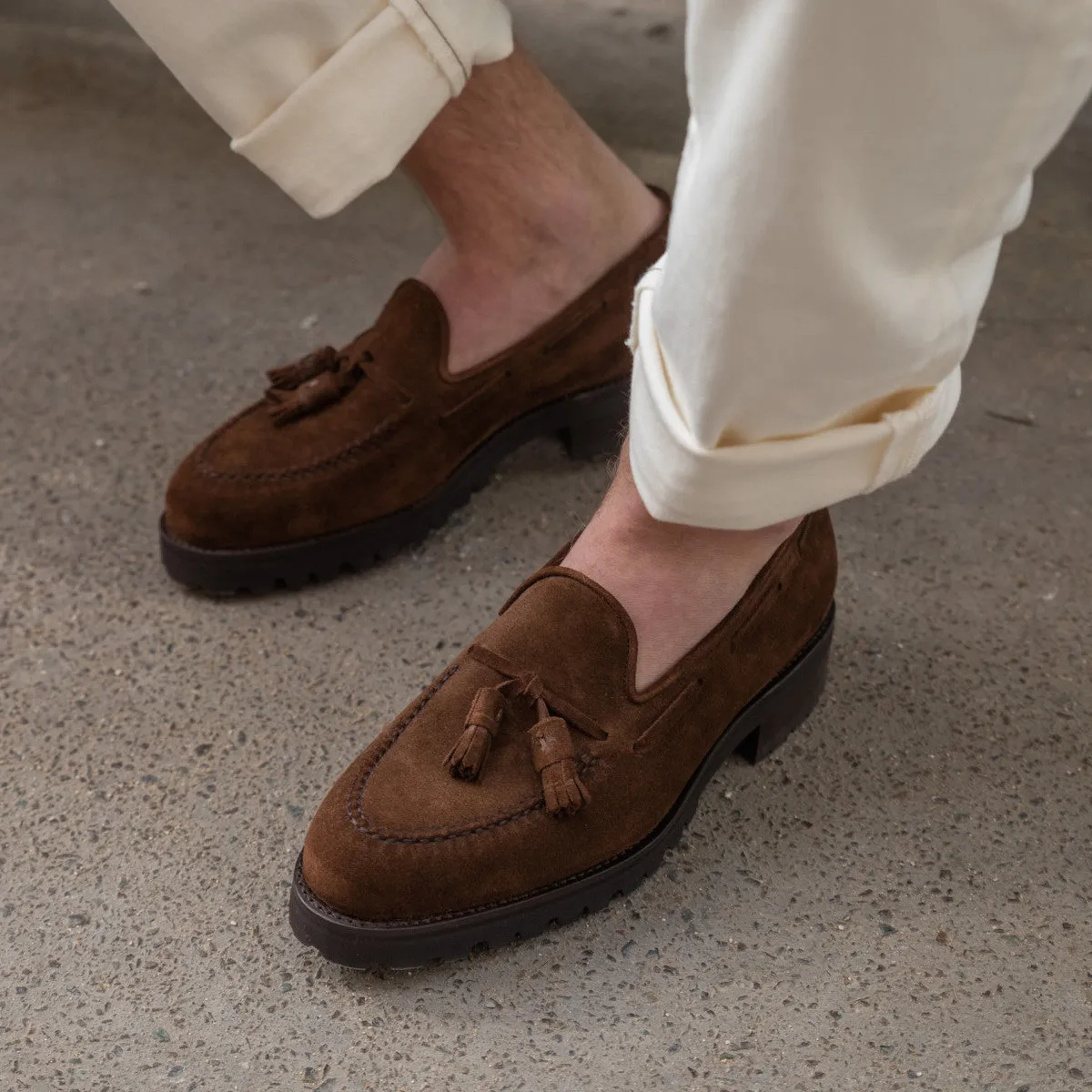 Height Increasing Brown Suede Leather Belize Chunky Tassel Loafers - With Track Soles - AW24