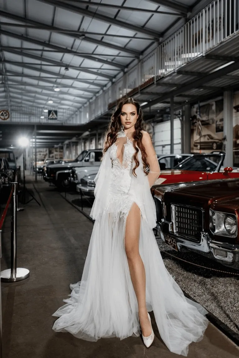 Ivory Sexy Summer Wedding Dress and Floral Applique Dress - Tulle Wedding Dress with V-Neck and High Slit Plus Size - MONROE