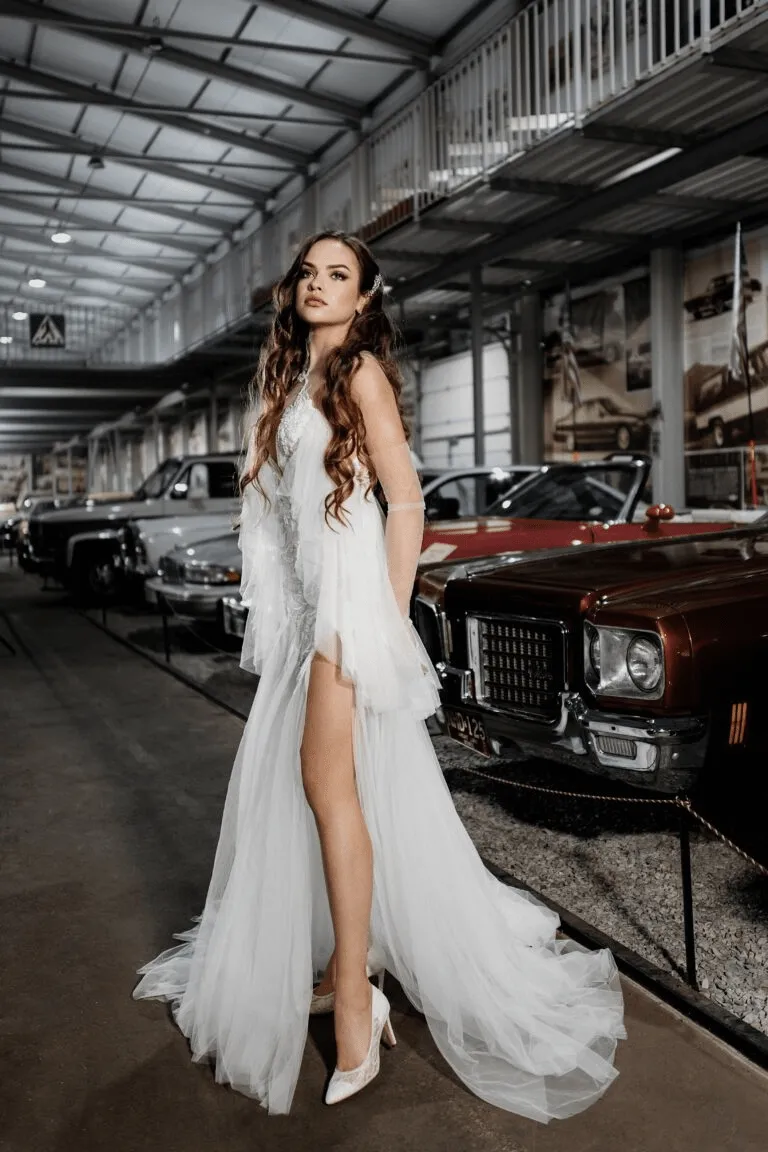 Ivory Sexy Summer Wedding Dress and Floral Applique Dress - Tulle Wedding Dress with V-Neck and High Slit Plus Size - MONROE