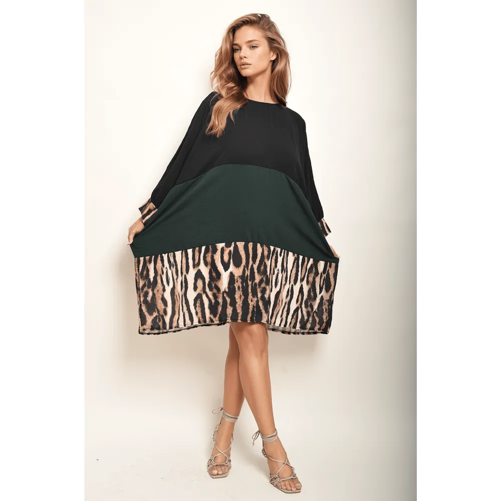 Long Sleeve Leopard Trim Print Oversized Mini Dress