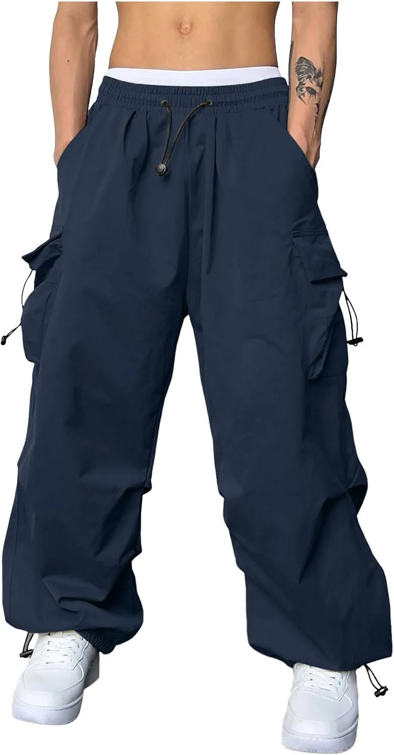 Men's Baggy Cargo Pants Trendy Casual Parachute Pants Drawstring Loose Fit Sweatpants Multi Pockets