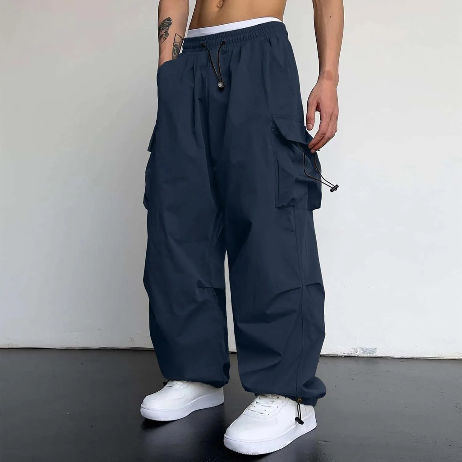 Men's Baggy Cargo Pants Trendy Casual Parachute Pants Drawstring Loose Fit Sweatpants Multi Pockets