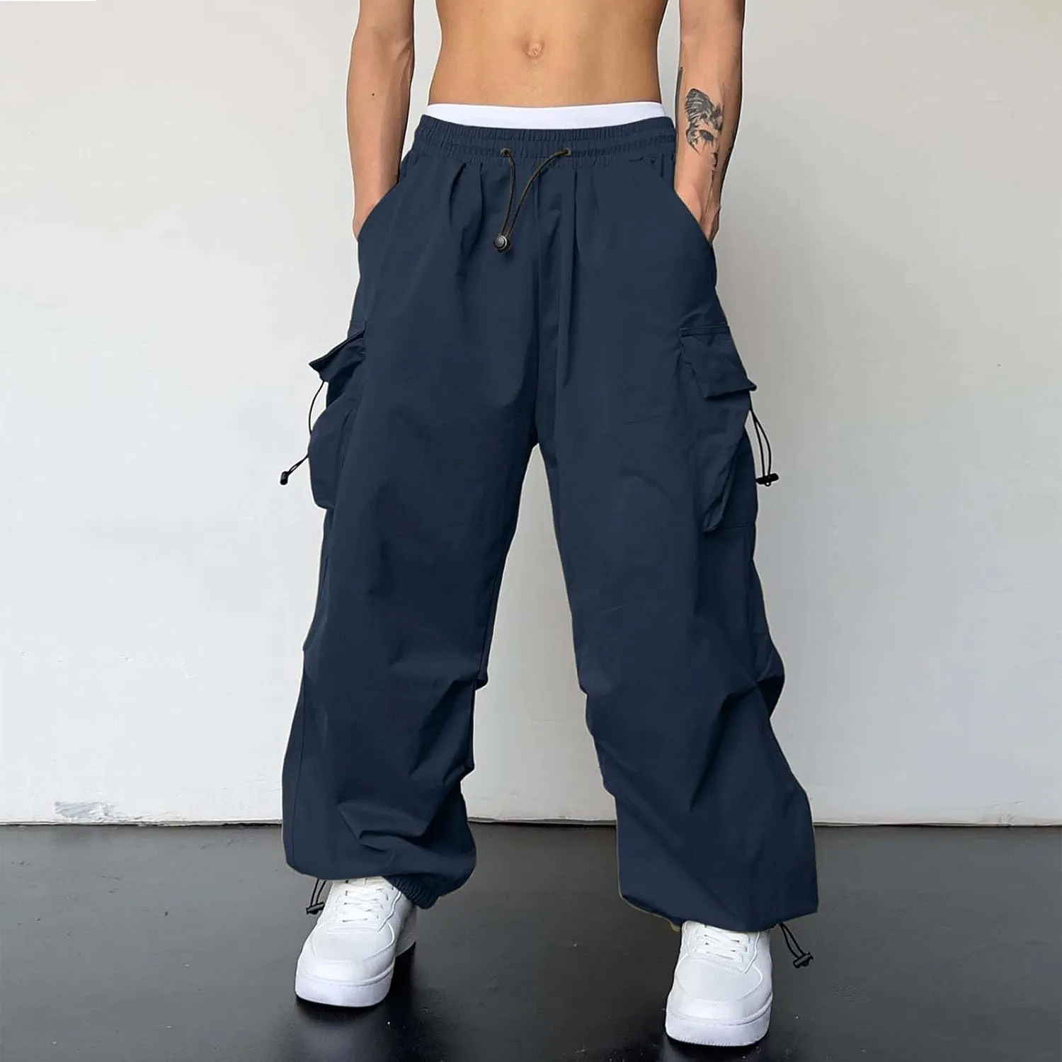 Men's Baggy Cargo Pants Trendy Casual Parachute Pants Drawstring Loose Fit Sweatpants Multi Pockets