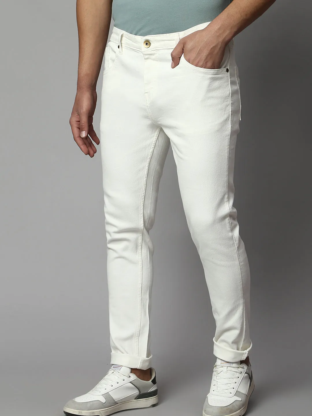 Men's Slim Fit Stretchable Denim Solid Jeans (White)