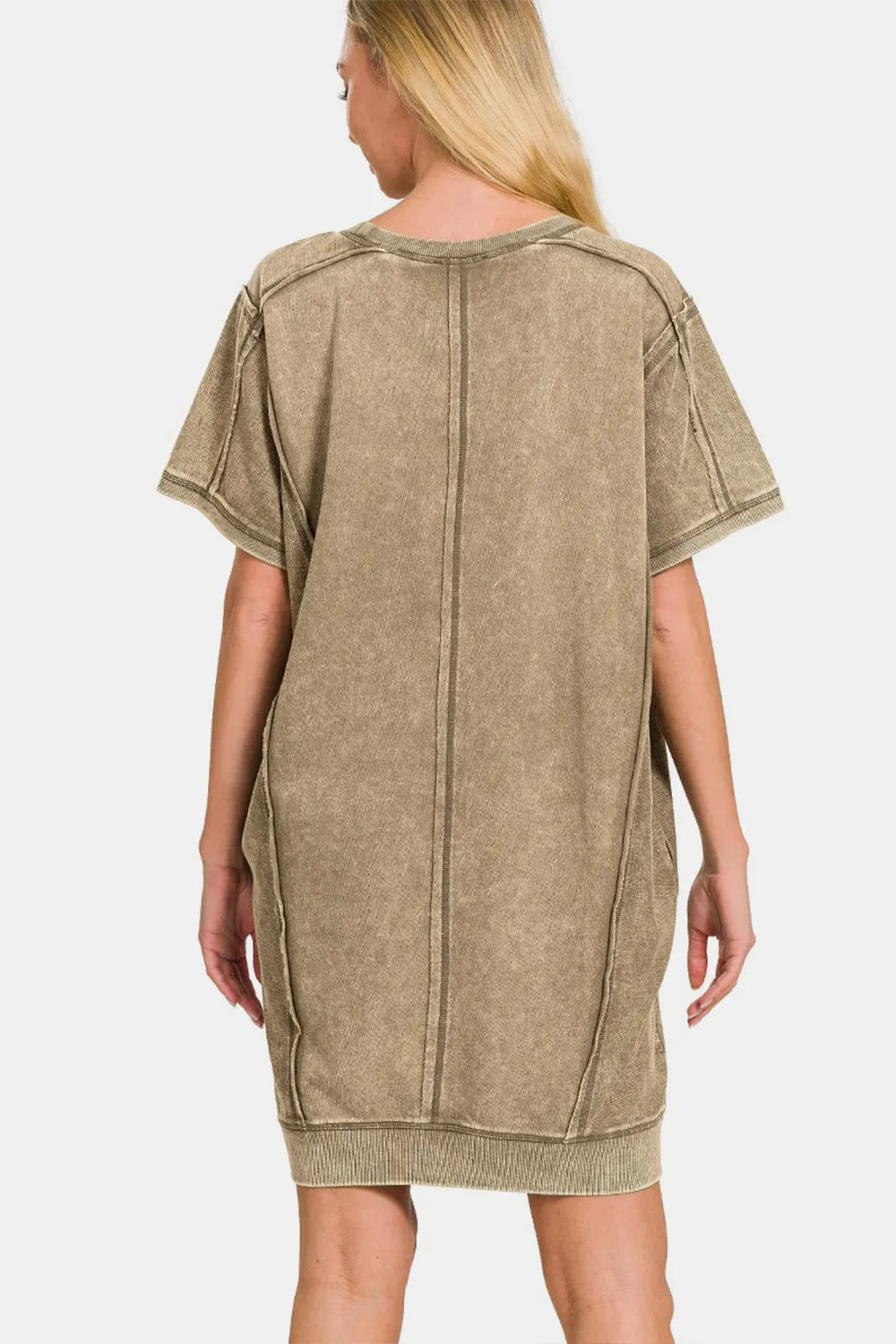 Mocha  Washed Exposed Seam Mini Tee Dress