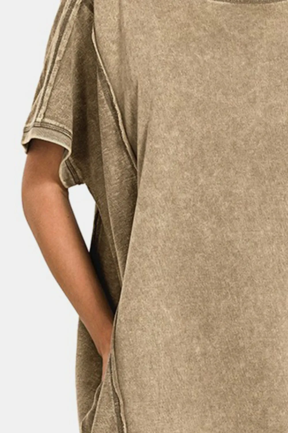 Mocha  Washed Exposed Seam Mini Tee Dress