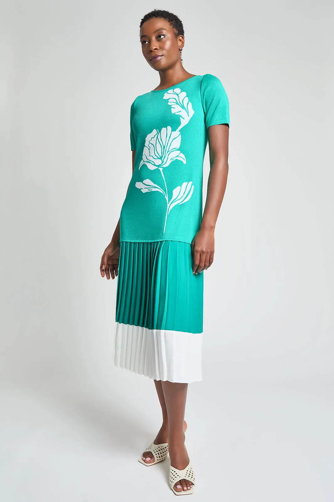 Modern Fit Midi Drop-Waist Dress - Pleated Mixed Media