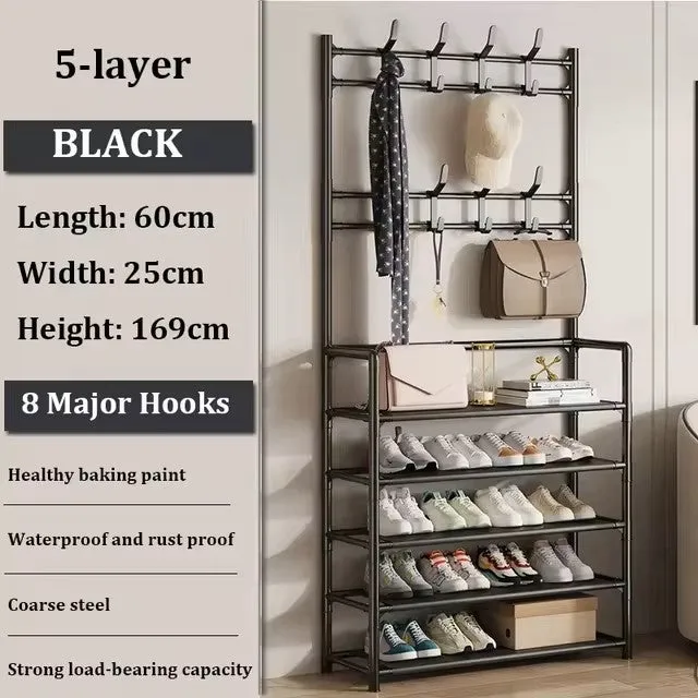 Multifunctional Free-Standing Coat and Shoe Rack Organizer with Storage Shelves and Hooks