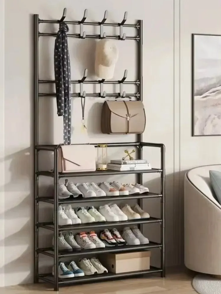 Multifunctional Free-Standing Coat and Shoe Rack Organizer with Storage Shelves and Hooks