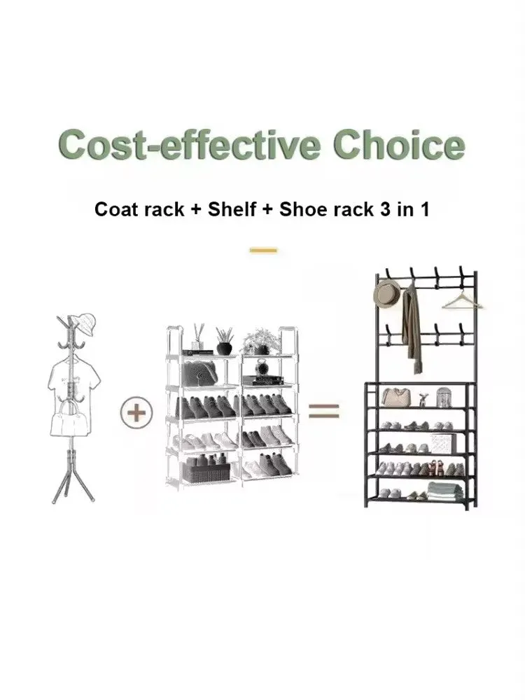 Multifunctional Free-Standing Coat and Shoe Rack Organizer with Storage Shelves and Hooks