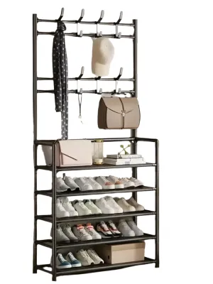 Multifunctional Free-Standing Coat and Shoe Rack Organizer with Storage Shelves and Hooks