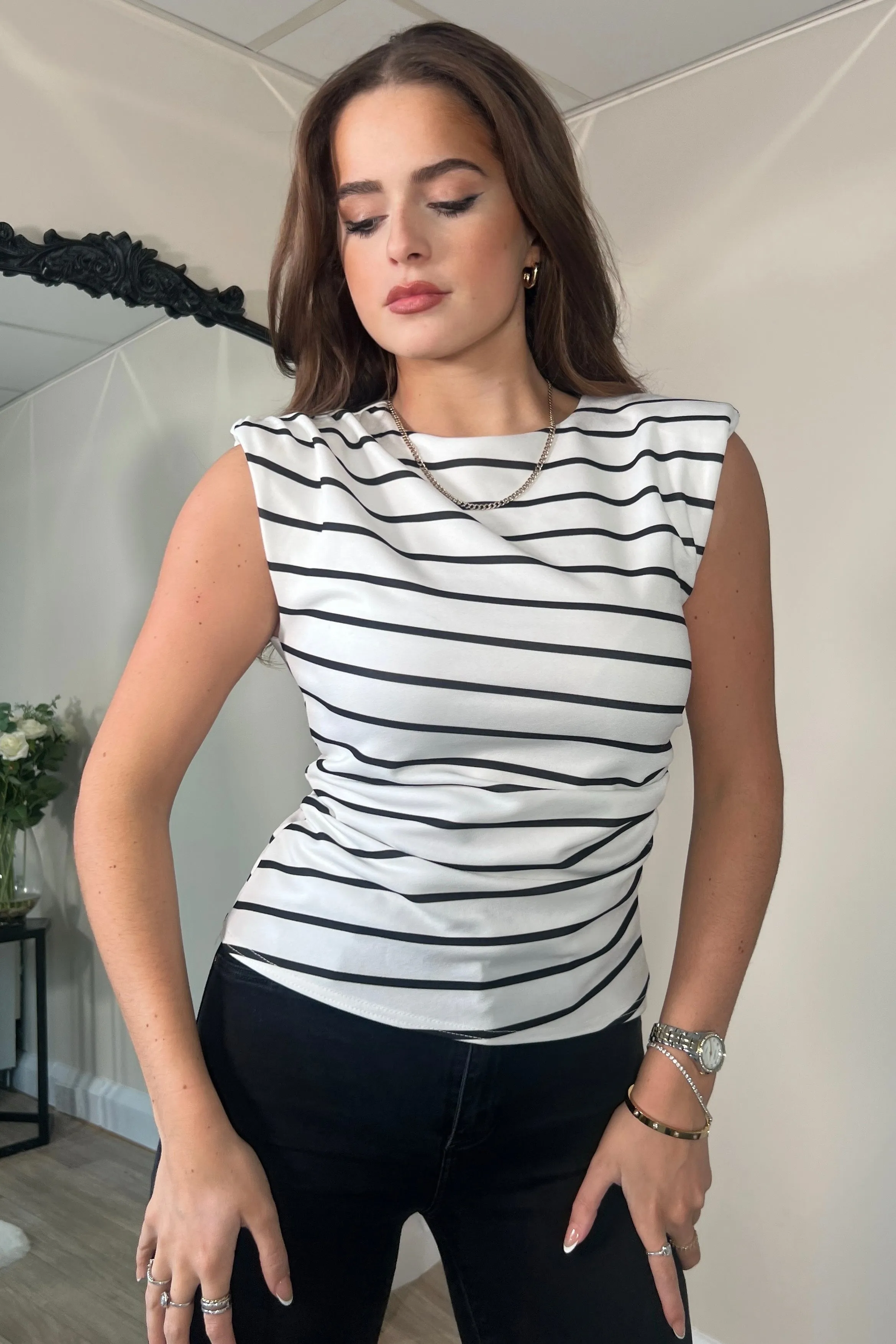 Pari Shoulder Pad White Stripe Top
