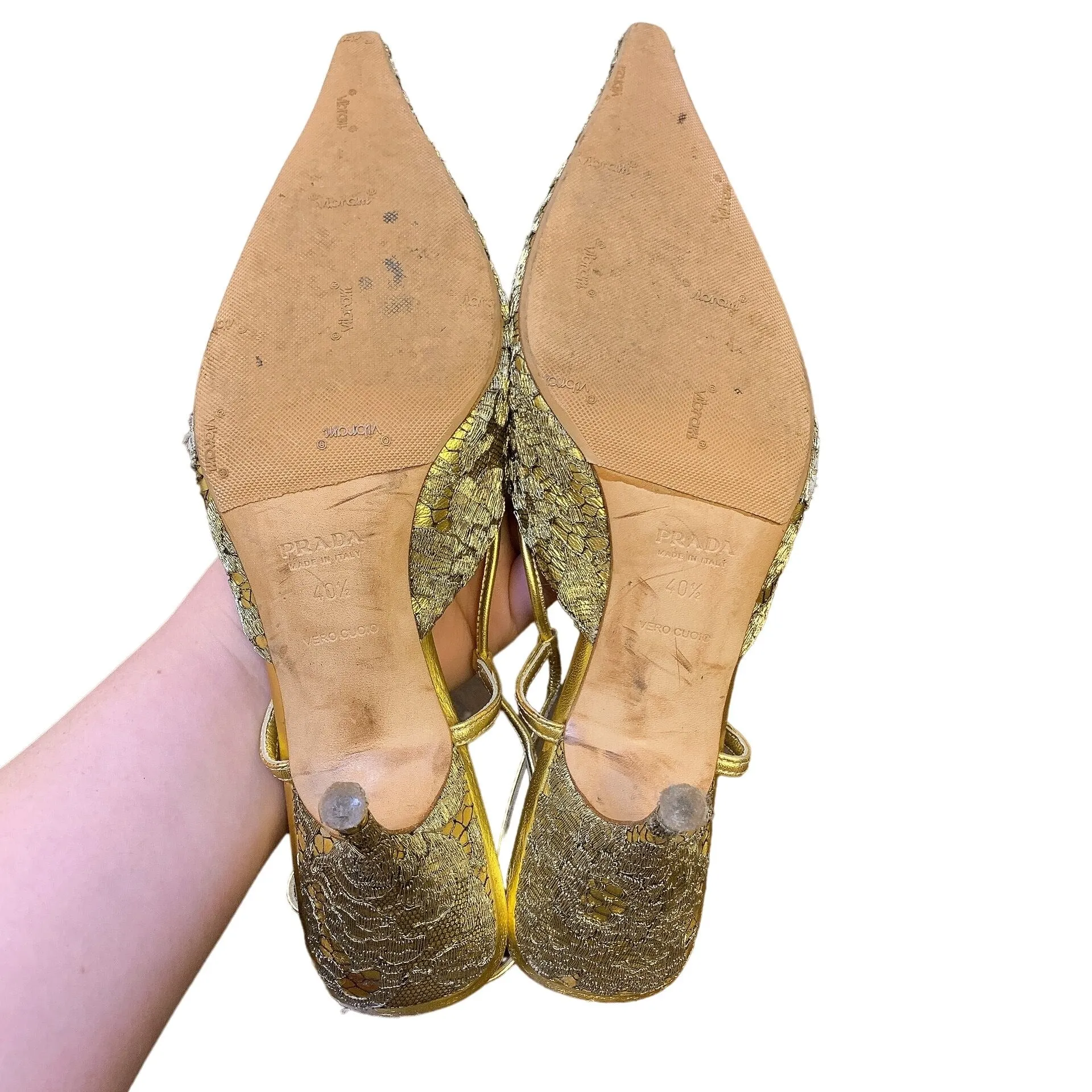 Prada Vintage Gold Lace Satin Slingback Heels Shoes 40.5/10