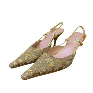 Prada Vintage Gold Lace Satin Slingback Heels Shoes 40.5/10