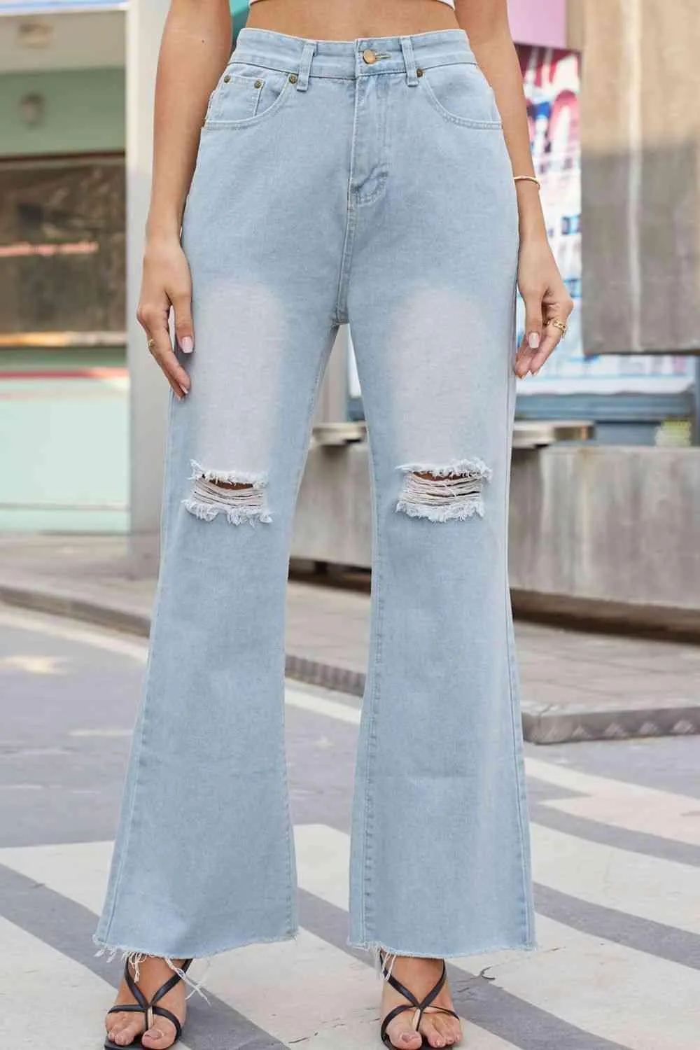 Raw Hem High Waist Distressed Wide Leg Jeans