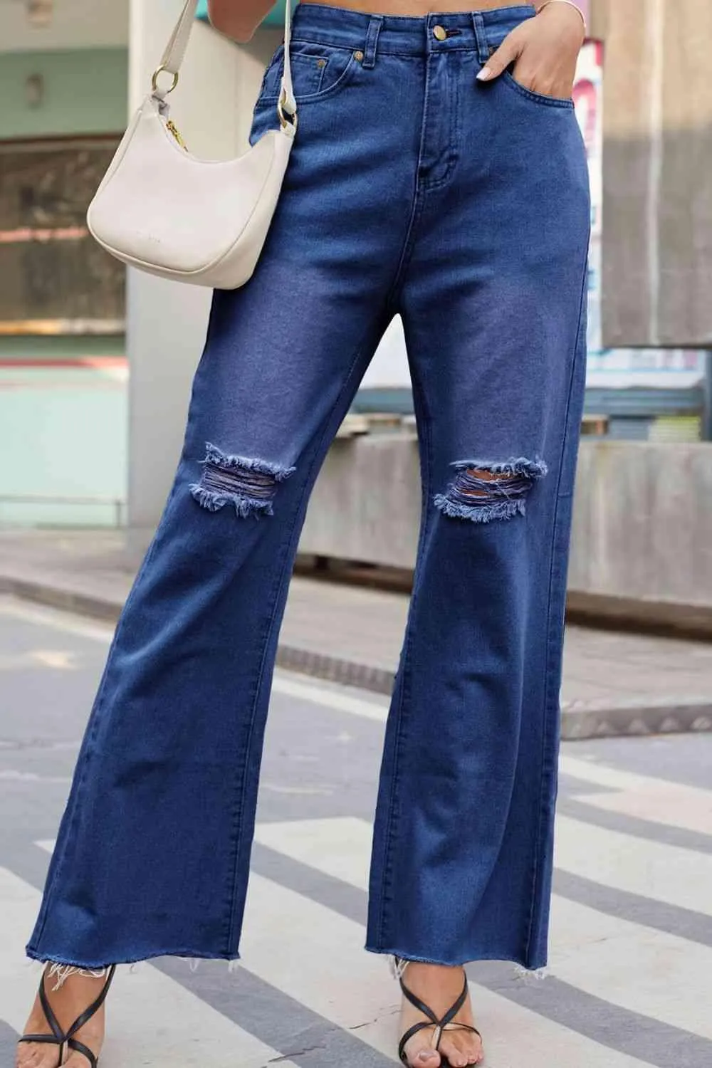 Raw Hem High Waist Distressed Wide Leg Jeans