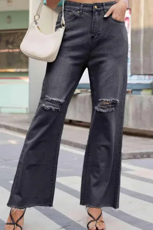 Raw Hem High Waist Distressed Wide Leg Jeans