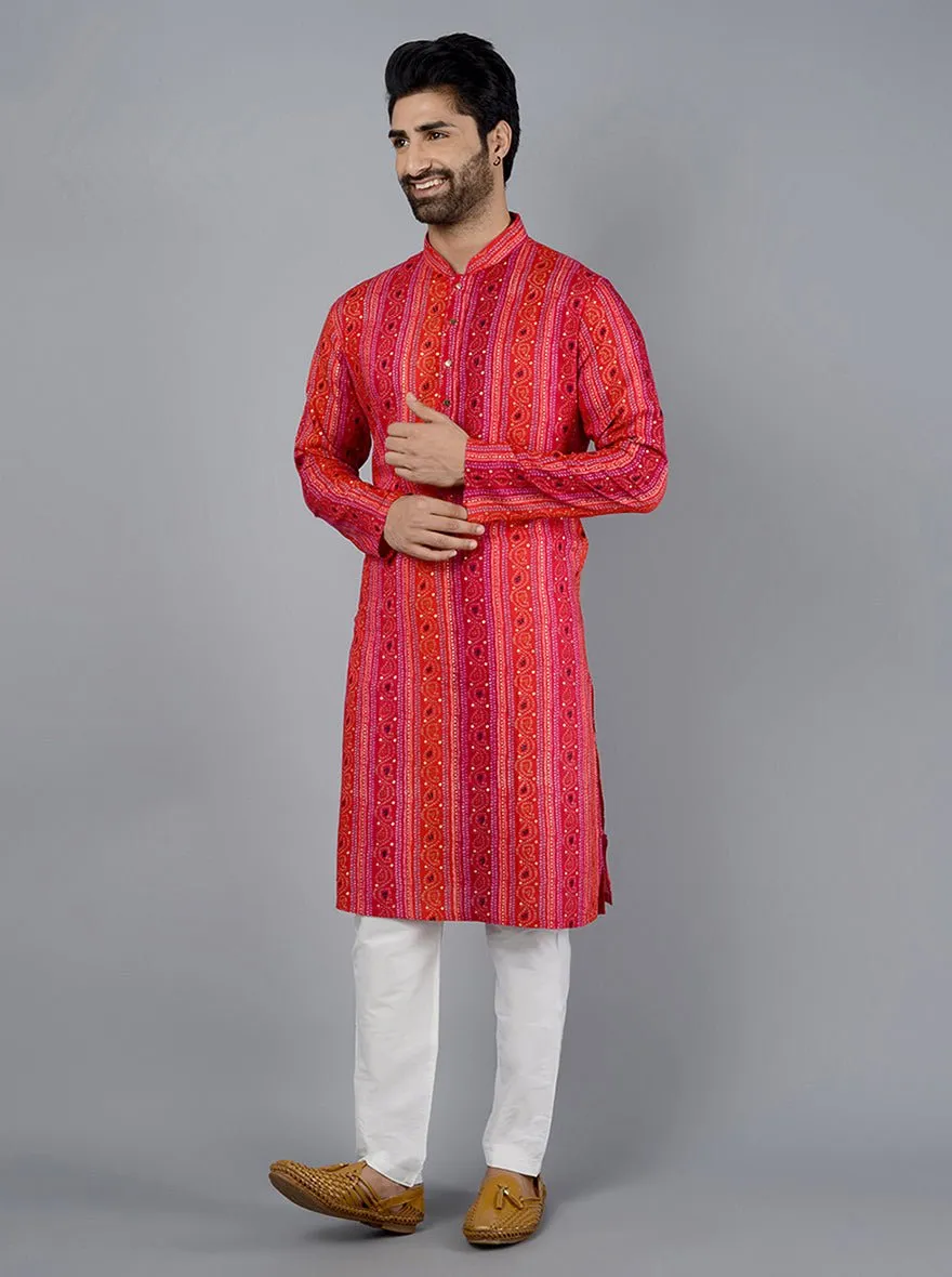 Red & Pink Printed Cotton Blend Kurta | The Kurta Company
