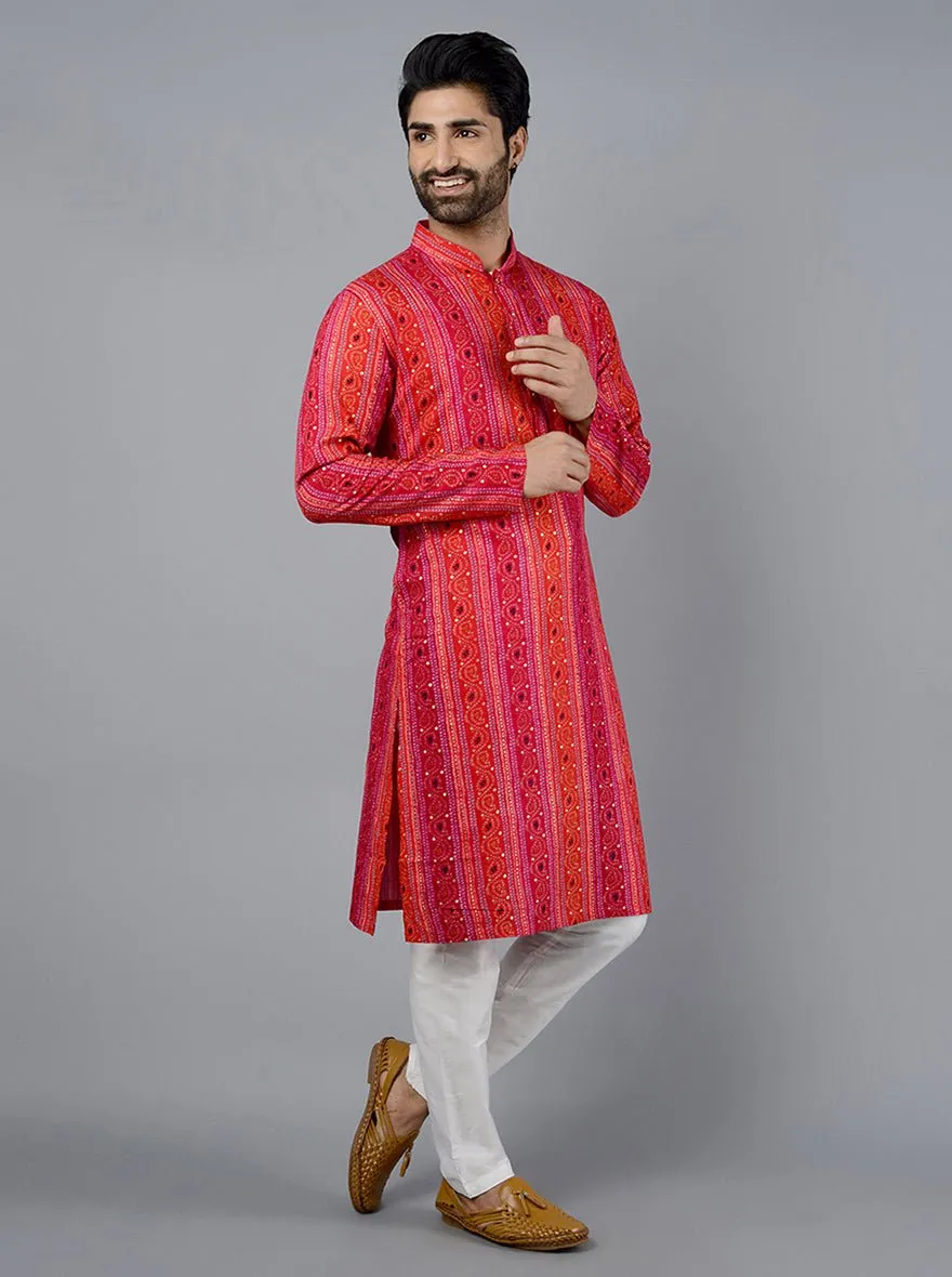 Red & Pink Printed Cotton Blend Kurta | The Kurta Company