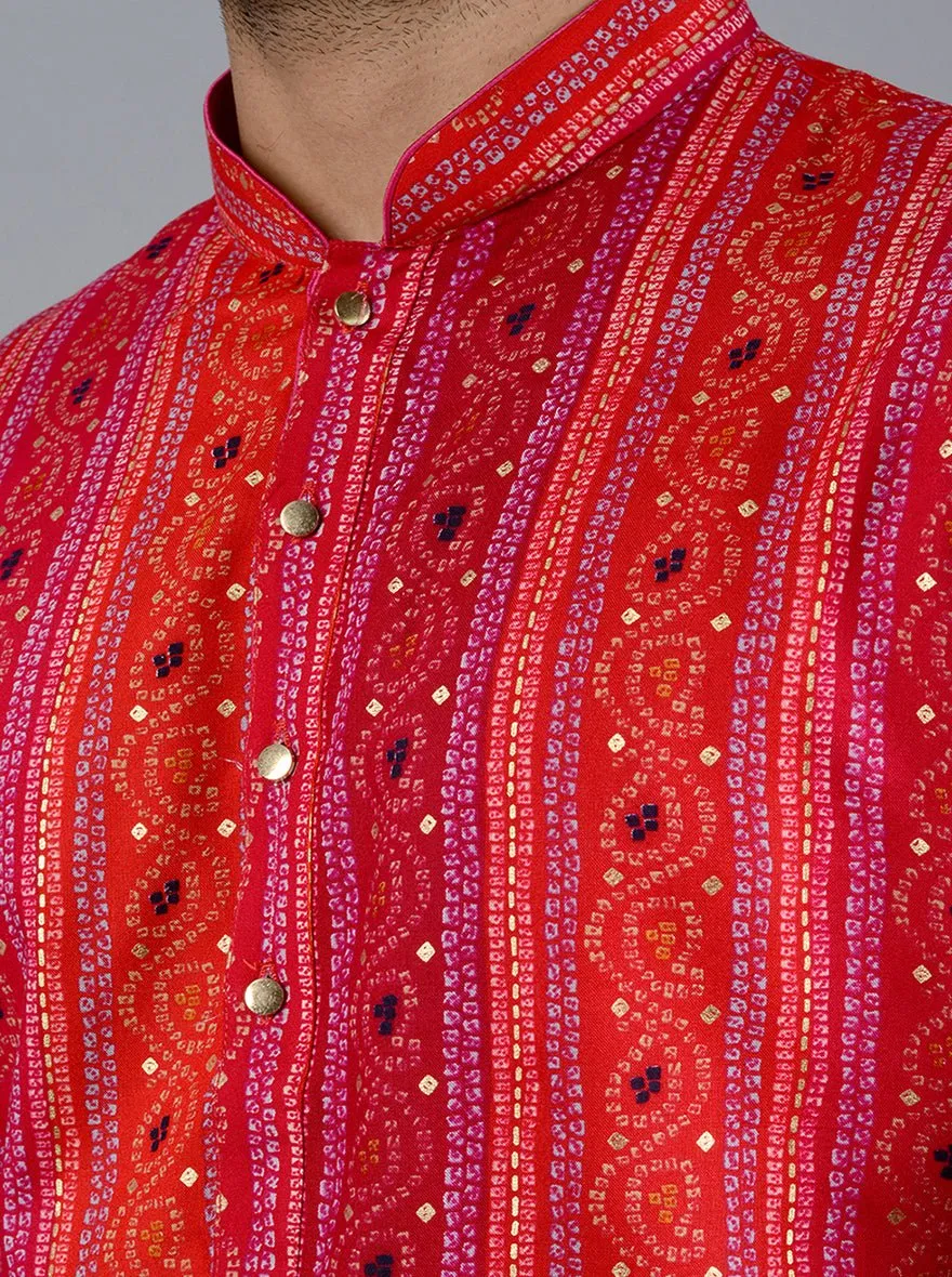 Red & Pink Printed Cotton Blend Kurta | The Kurta Company