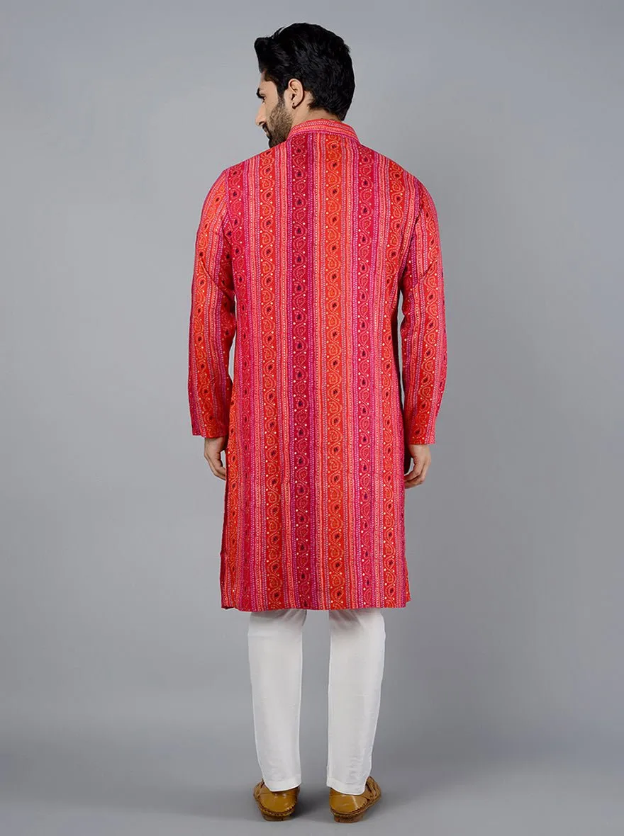 Red & Pink Printed Cotton Blend Kurta | The Kurta Company