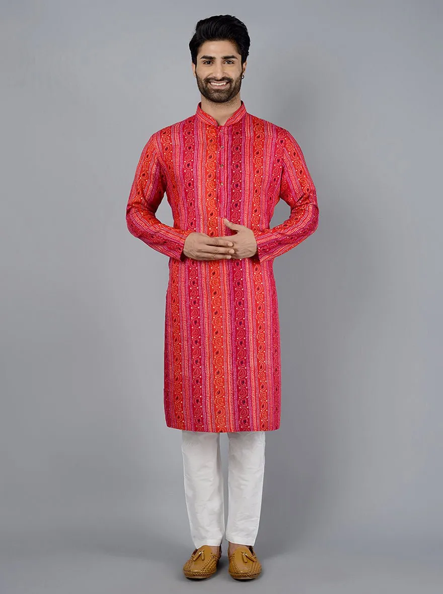 Red & Pink Printed Cotton Blend Kurta | The Kurta Company