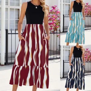 Round Neck Sleeveless Long Dress Summer Fashion Striped Print Dresses Womens Clothing Round Neck Sleeveless Long Dress Summer Fashion Striped Print Dresses Womens Clothing