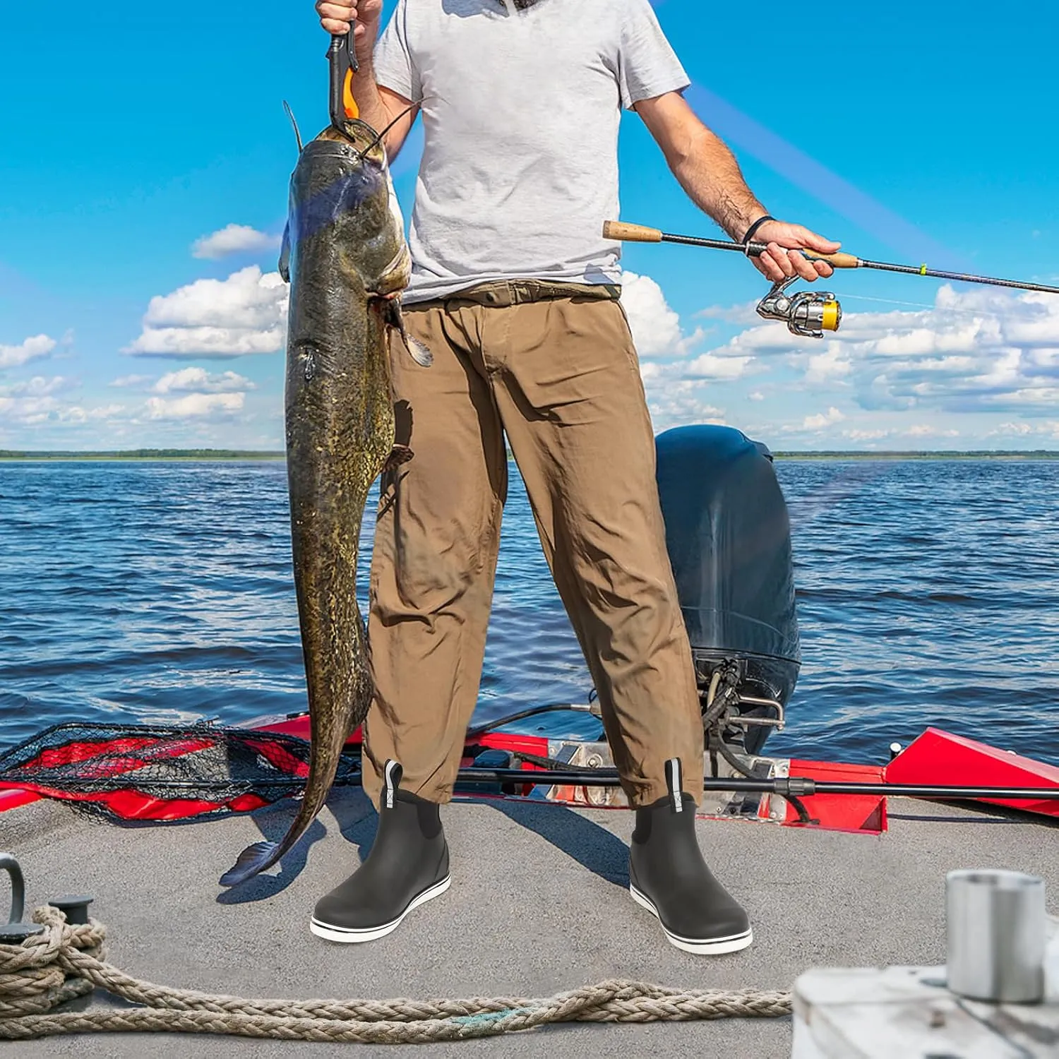 Showave Men's Deck Boots Waterproof Ankle Rubber Rain Boots for Boating Sailing Fishing