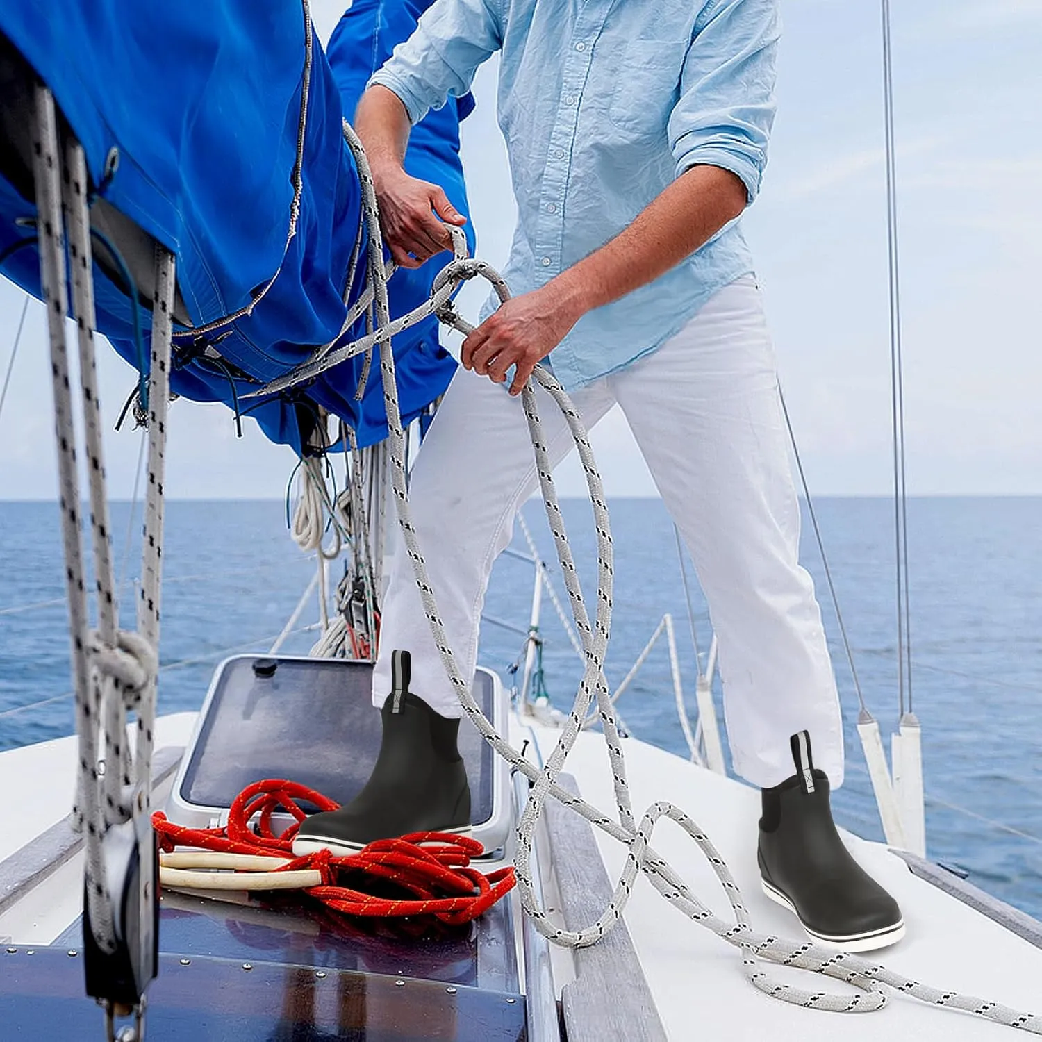 Showave Men's Deck Boots Waterproof Ankle Rubber Rain Boots for Boating Sailing Fishing