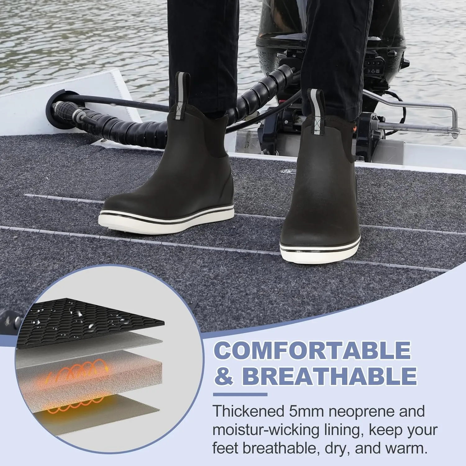 Showave Men's Deck Boots Waterproof Ankle Rubber Rain Boots for Boating Sailing Fishing