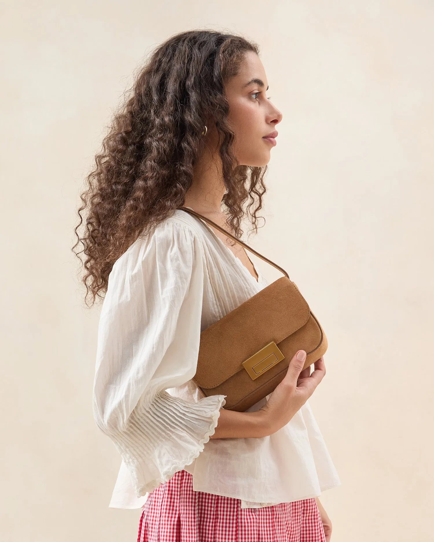 Stefania Toffee Suede Baguette Bag