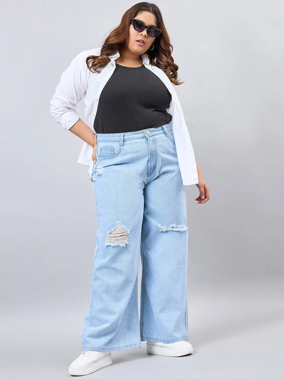 Style Quotient Women Plus Size Light Blue Wide Leg High Rise Jeans