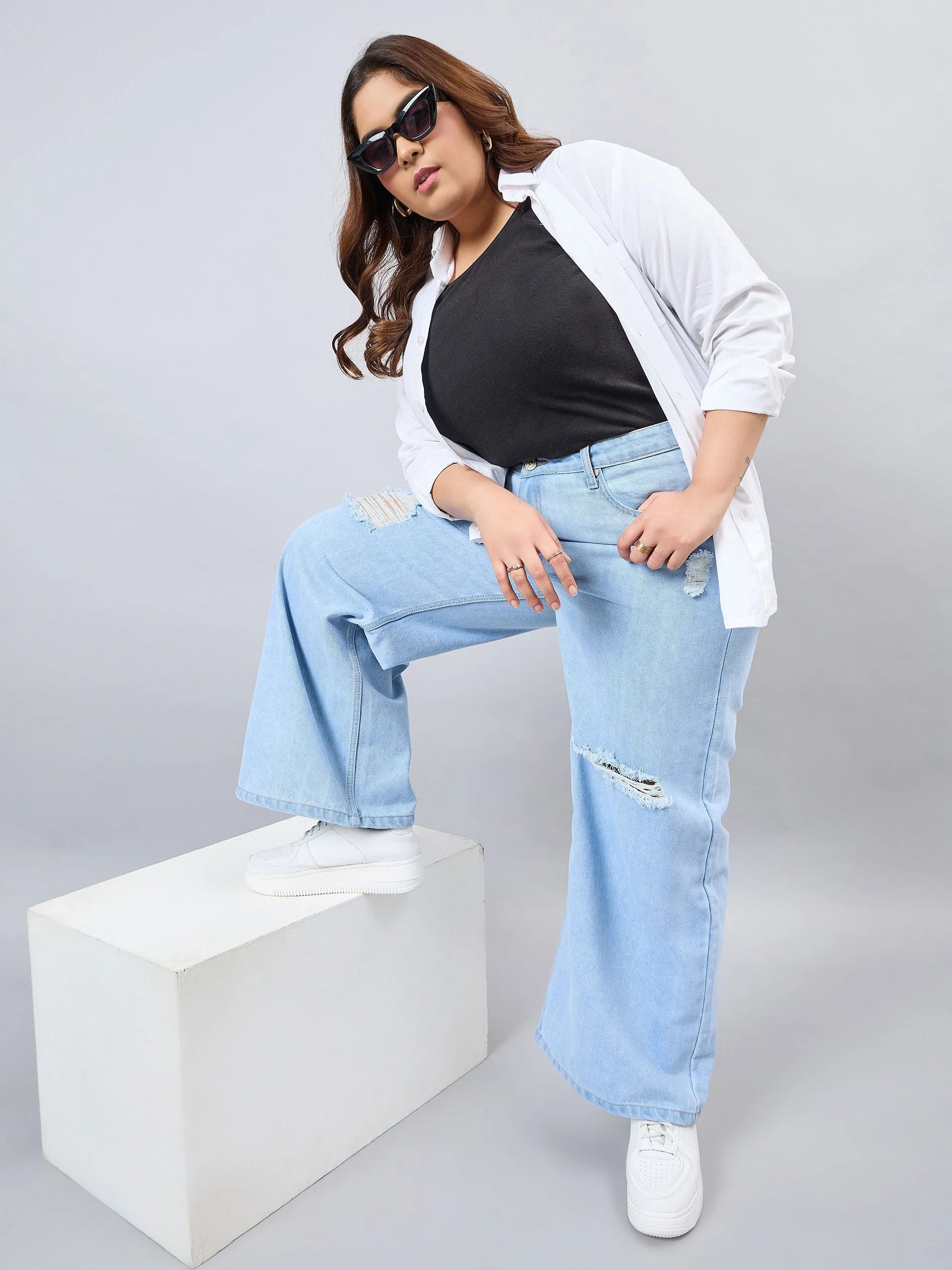 Style Quotient Women Plus Size Light Blue Wide Leg High Rise Jeans