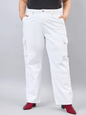 Style Quotient Women Plus Size White Relaxed Fit High Rise Cargos