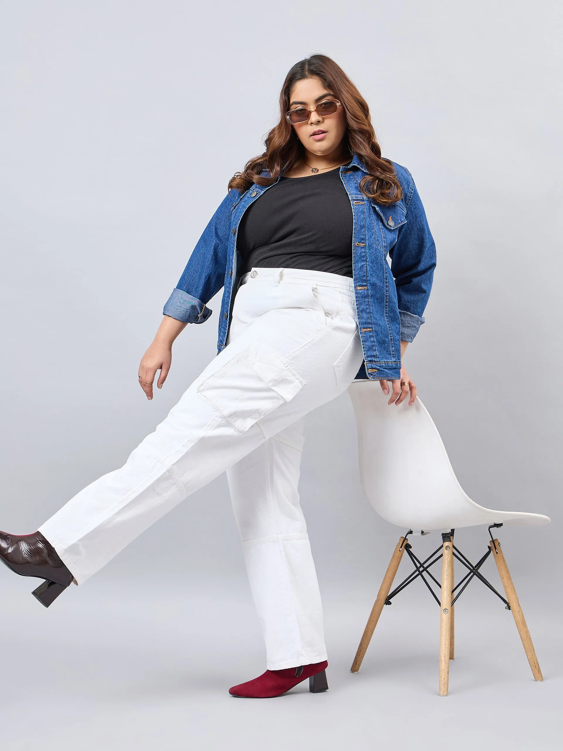 Style Quotient Women Plus Size White Relaxed Fit High Rise Cargos