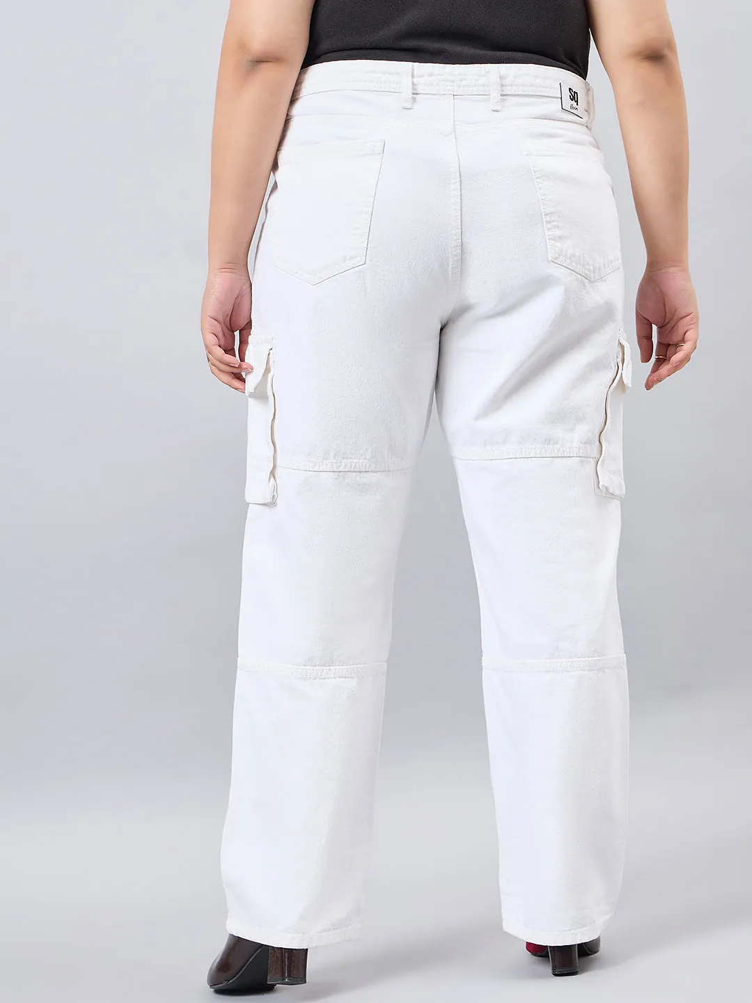 Style Quotient Women Plus Size White Relaxed Fit High Rise Cargos
