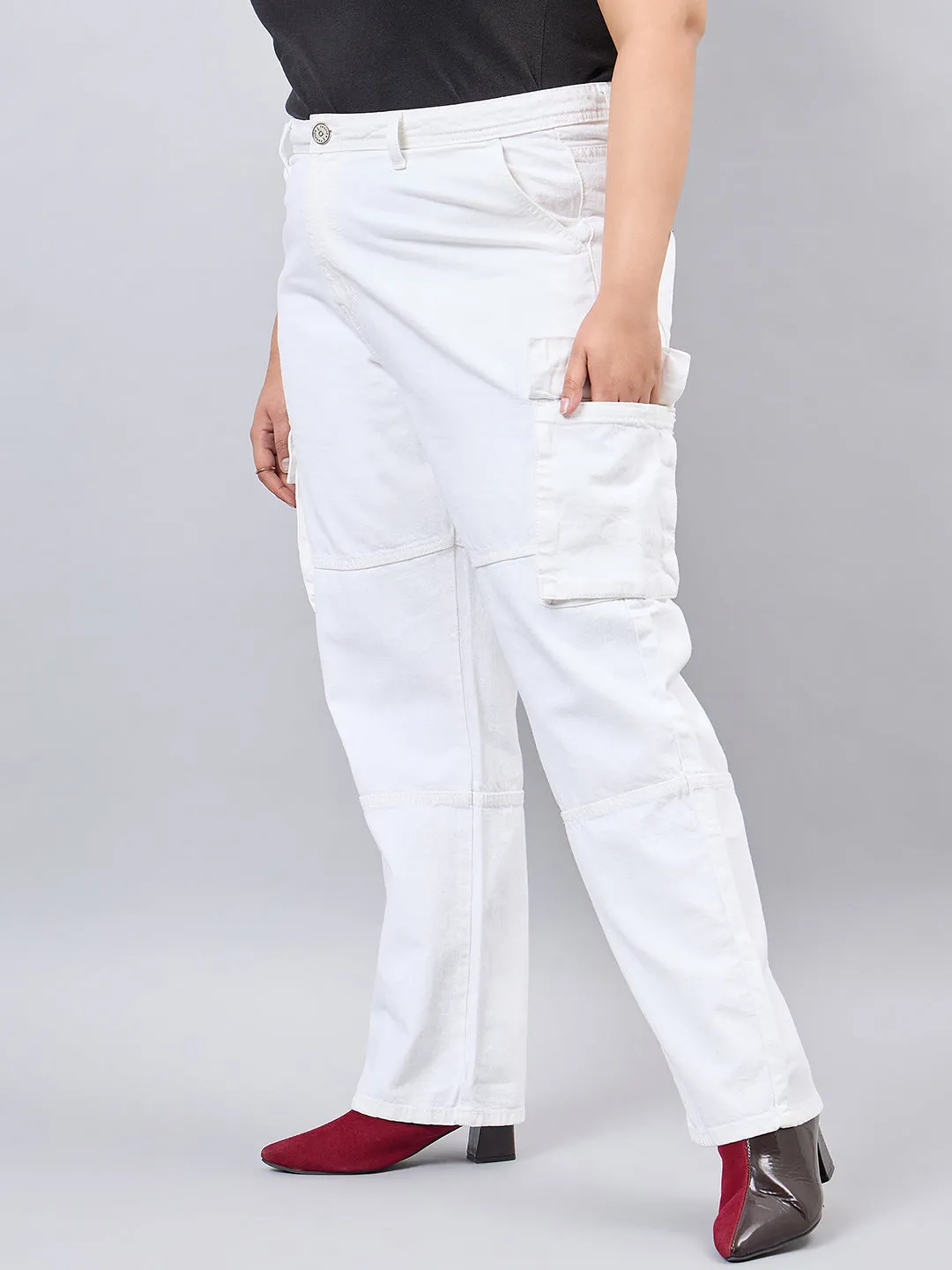 Style Quotient Women Plus Size White Relaxed Fit High Rise Cargos