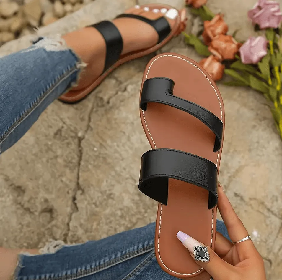 Stylish Women’s Open-Toe Flat Slides - Slip-On, Solid Color, Ankle Strap Casual Sandals