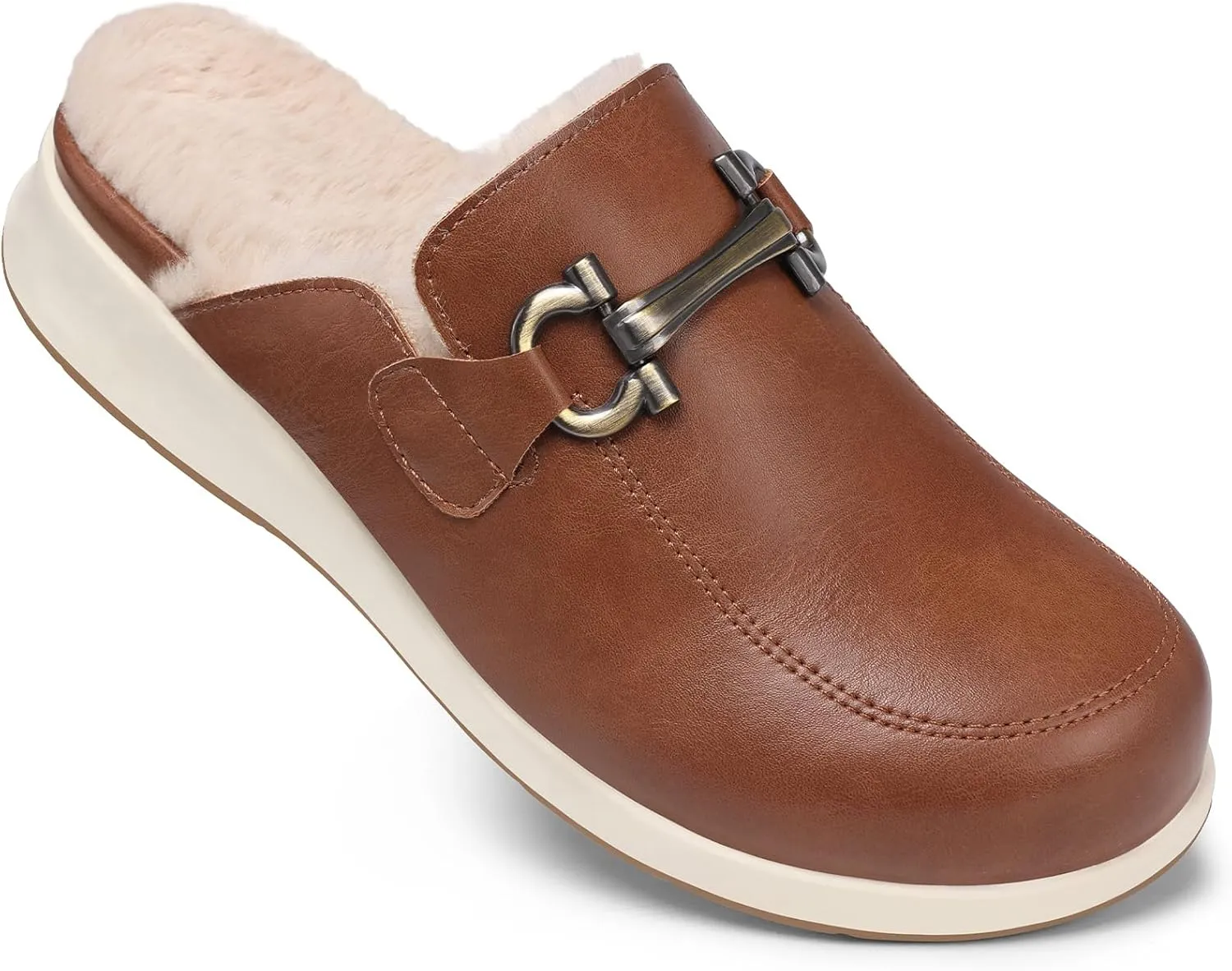 TEMOFON Mules Shoes for Women Dressy: Brown Size 8 Comfortable Non Slip Fuzzy Mules for Woman - Slip On Walking Fur Lined Flat Clogs